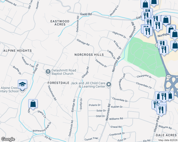 map of restaurants, bars, coffee shops, grocery stores, and more near 4814 Eldridge Road in Chattanooga