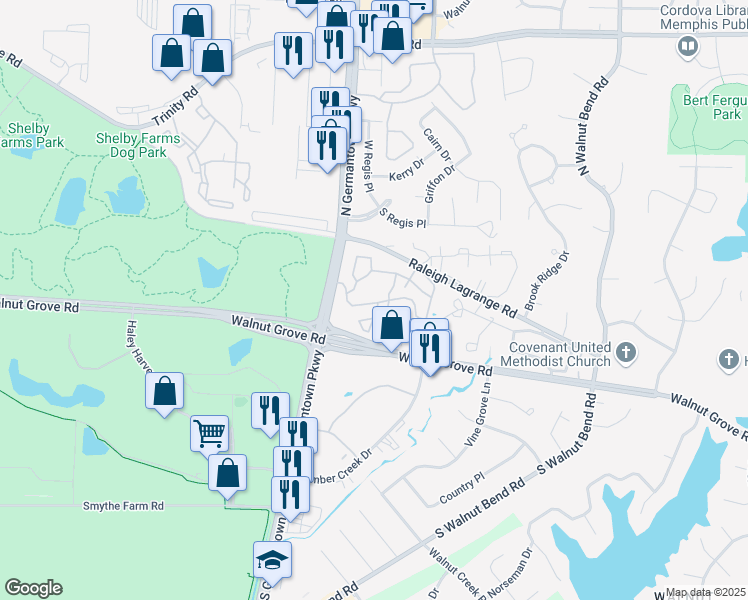 map of restaurants, bars, coffee shops, grocery stores, and more near 283 Stafford Circle in Memphis