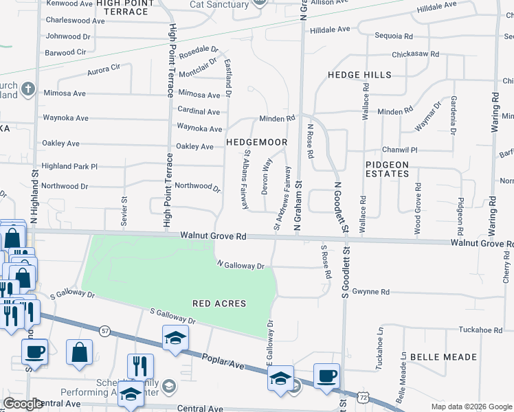 map of restaurants, bars, coffee shops, grocery stores, and more near 59 Devon Way in Memphis