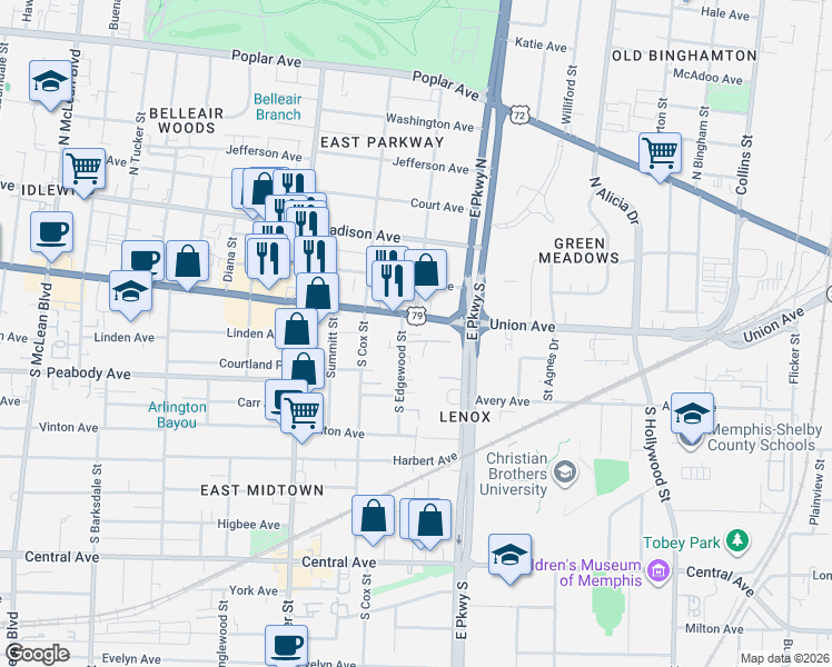 map of restaurants, bars, coffee shops, grocery stores, and more near in Memphis
