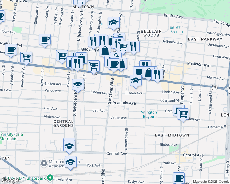 map of restaurants, bars, coffee shops, grocery stores, and more near 232 South McLean Boulevard in Memphis