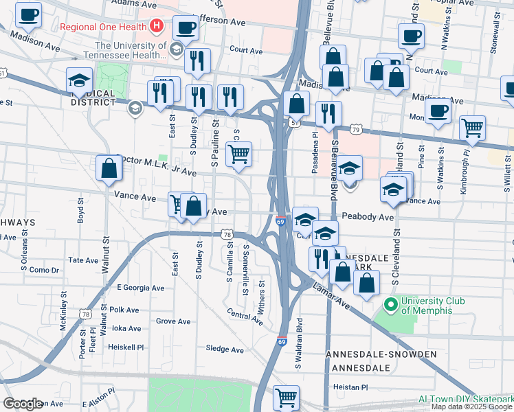 map of restaurants, bars, coffee shops, grocery stores, and more near 1084 Peabody Avenue in Memphis