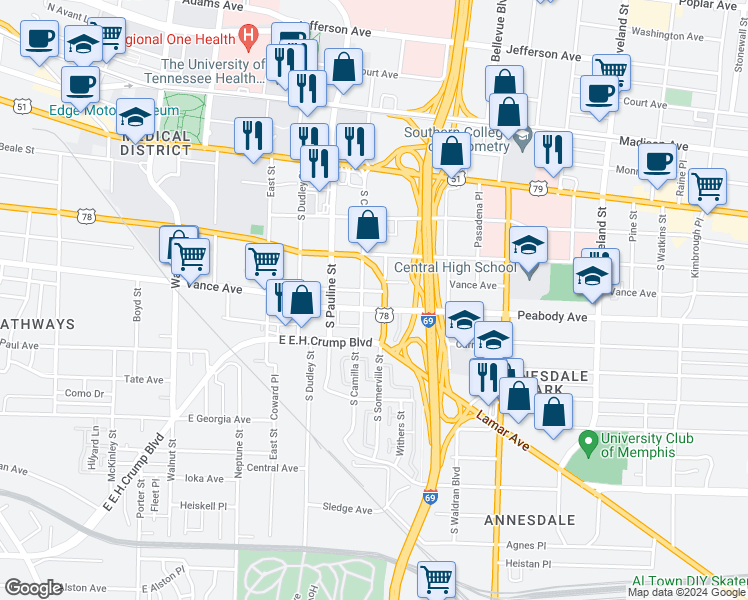 map of restaurants, bars, coffee shops, grocery stores, and more near 1032 Peabody Avenue in Memphis