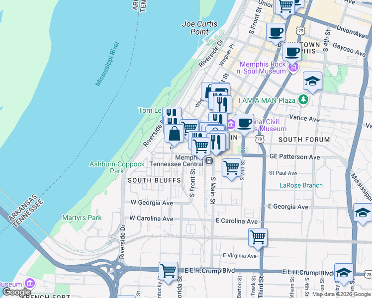 map of restaurants, bars, coffee shops, grocery stores, and more near 6 West GE Patterson Avenue in Memphis