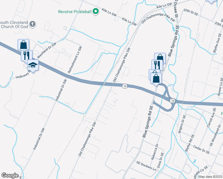 map of restaurants, bars, coffee shops, grocery stores, and more near 587 Old Chattanooga Pike Southwest in Cleveland