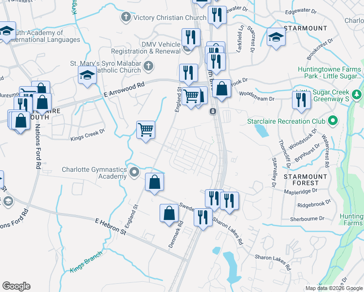 map of restaurants, bars, coffee shops, grocery stores, and more near 1103 Doveridge Street in Charlotte