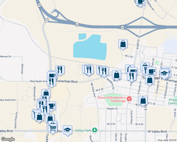 map of restaurants, bars, coffee shops, grocery stores, and more near 777 West Tehachapi Boulevard in Tehachapi