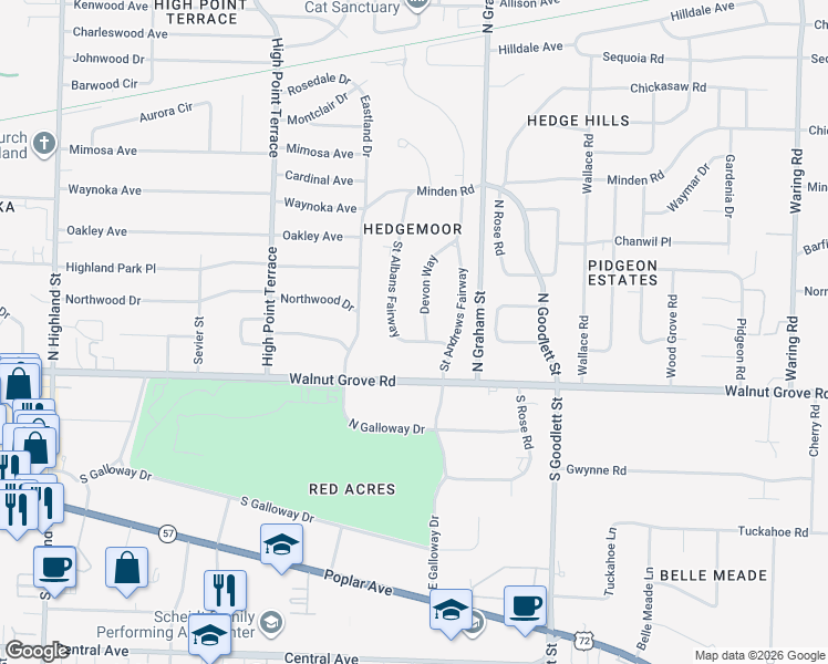 map of restaurants, bars, coffee shops, grocery stores, and more near 59 Devon Way in Memphis
