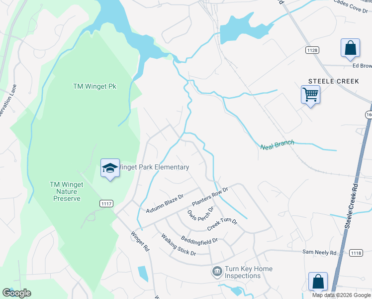 map of restaurants, bars, coffee shops, grocery stores, and more near 10604 Spring Rain Court in Charlotte