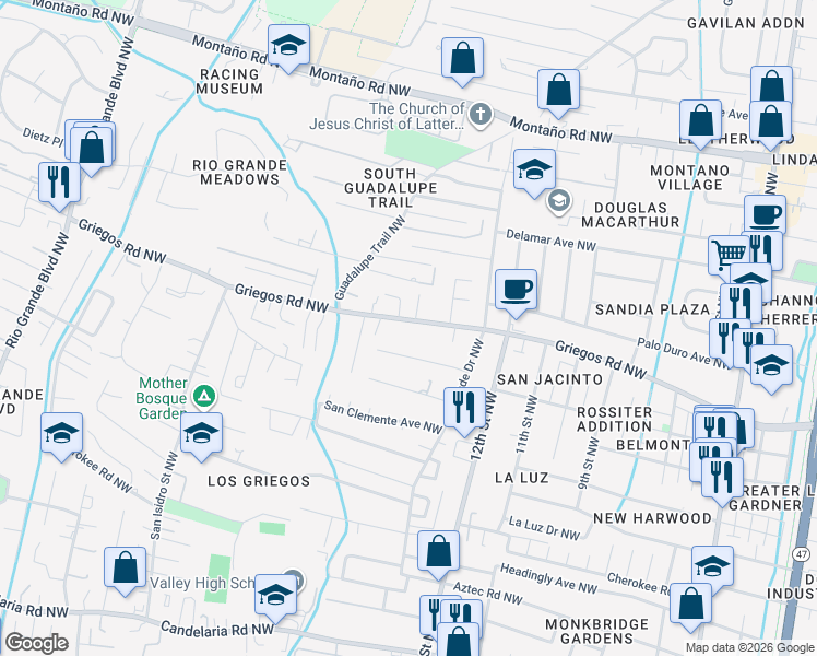 map of restaurants, bars, coffee shops, grocery stores, and more near 1426 Griegos Road Northwest in Albuquerque