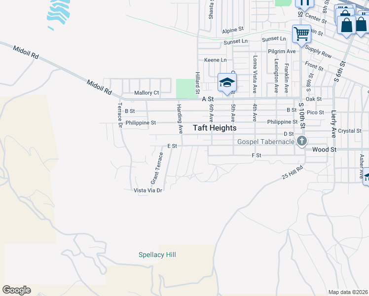 map of restaurants, bars, coffee shops, grocery stores, and more near 510 Wilson Avenue in Taft