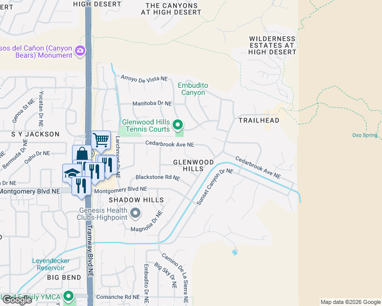 map of restaurants, bars, coffee shops, grocery stores, and more near 4712 Westridge Place Northeast in Albuquerque
