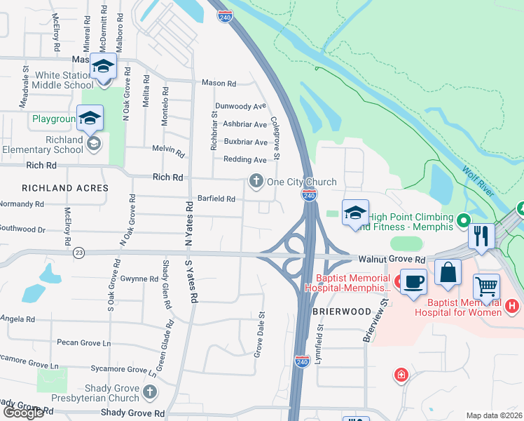 map of restaurants, bars, coffee shops, grocery stores, and more near 5731 Barfield Circle in Memphis