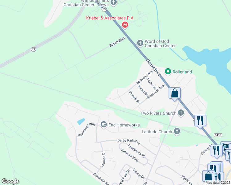map of restaurants, bars, coffee shops, grocery stores, and more near 3605 Christian Court in New Bern