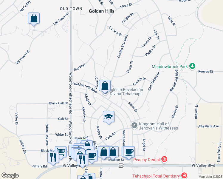 map of restaurants, bars, coffee shops, grocery stores, and more near 21625 Loop Street in Tehachapi