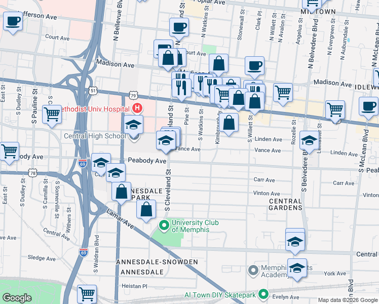 map of restaurants, bars, coffee shops, grocery stores, and more near 1396 Peabody Avenue in Memphis