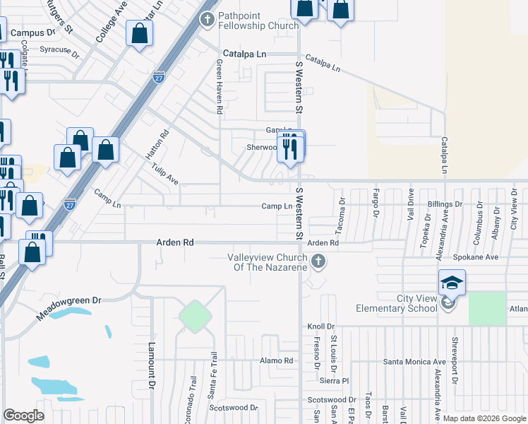 map of restaurants, bars, coffee shops, grocery stores, and more near 4225 Camp Lane in Amarillo