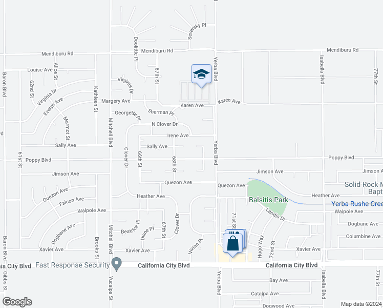map of restaurants, bars, coffee shops, grocery stores, and more near 21130 Hacienda Boulevard in California City