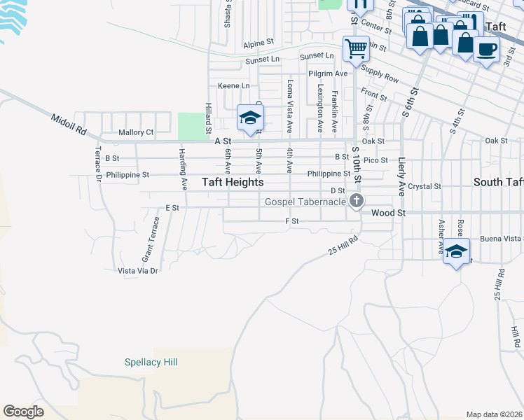 map of restaurants, bars, coffee shops, grocery stores, and more near 431 E Street in Taft