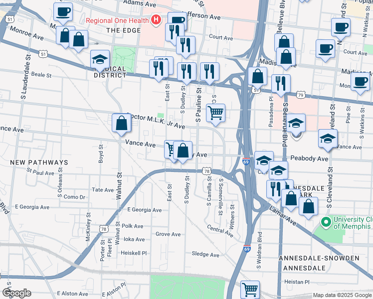 map of restaurants, bars, coffee shops, grocery stores, and more near 947 Peabody Avenue in Memphis