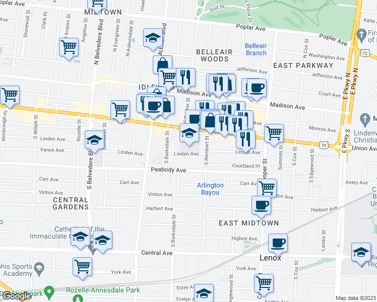 map of restaurants, bars, coffee shops, grocery stores, and more near 1950 Linden Avenue in Memphis