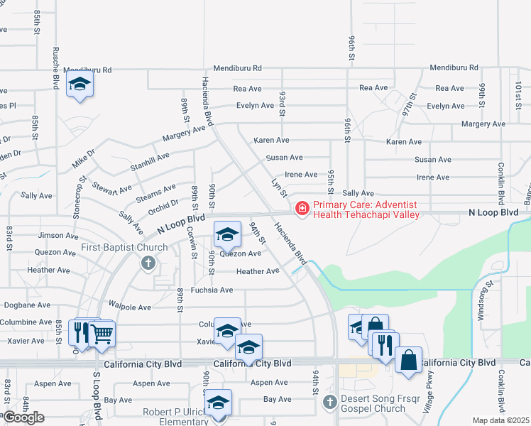 map of restaurants, bars, coffee shops, grocery stores, and more near 21130 Hacienda Boulevard in California City