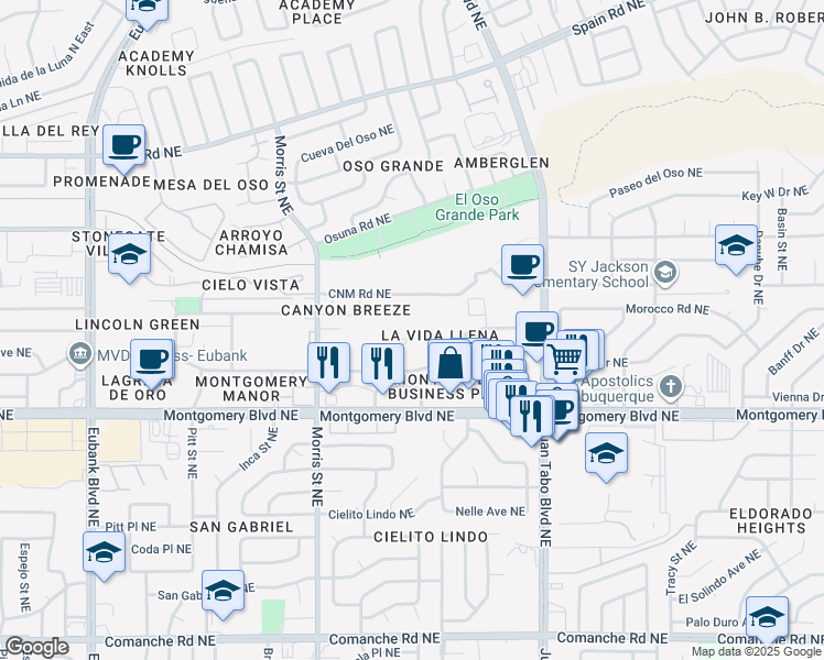 map of restaurants, bars, coffee shops, grocery stores, and more near 10501 Lagrima De Oro Road Northeast in Albuquerque