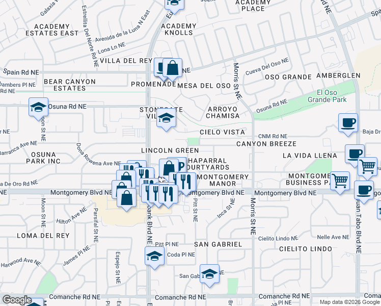map of restaurants, bars, coffee shops, grocery stores, and more near in Albuquerque