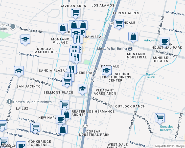 map of restaurants, bars, coffee shops, grocery stores, and more near 202 San Andres Avenue Northwest in Albuquerque