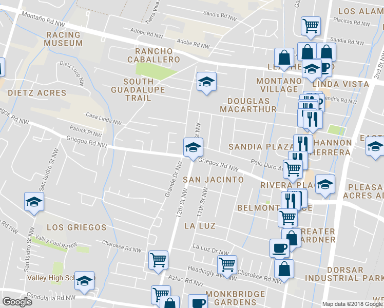 map of restaurants, bars, coffee shops, grocery stores, and more near 1150 Griegos Road Northwest in Albuquerque