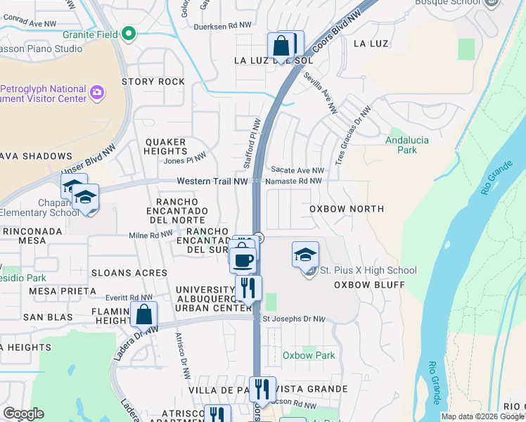 map of restaurants, bars, coffee shops, grocery stores, and more near 4400 Beresford Lane Northwest in Albuquerque