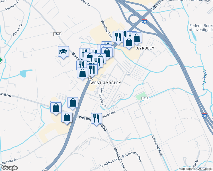 map of restaurants, bars, coffee shops, grocery stores, and more near 9025 Lenox Pointe Drive in Charlotte