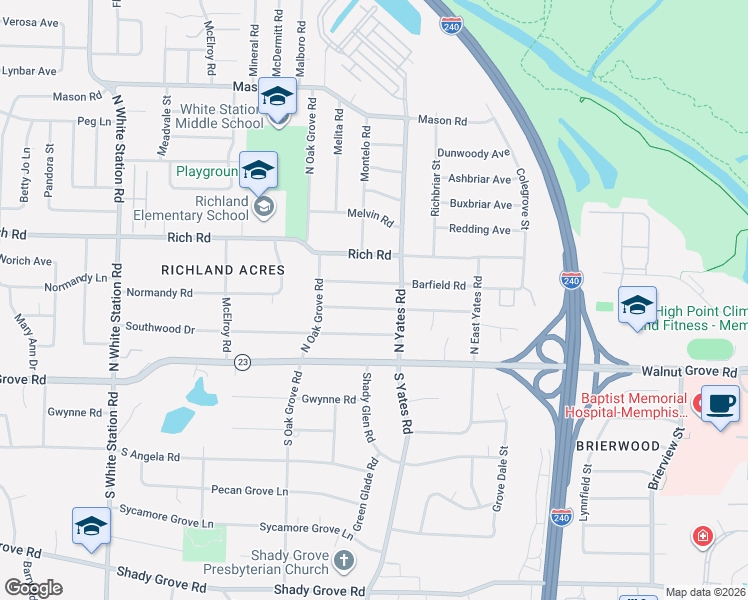 map of restaurants, bars, coffee shops, grocery stores, and more near 5601 Normandy Road in Memphis