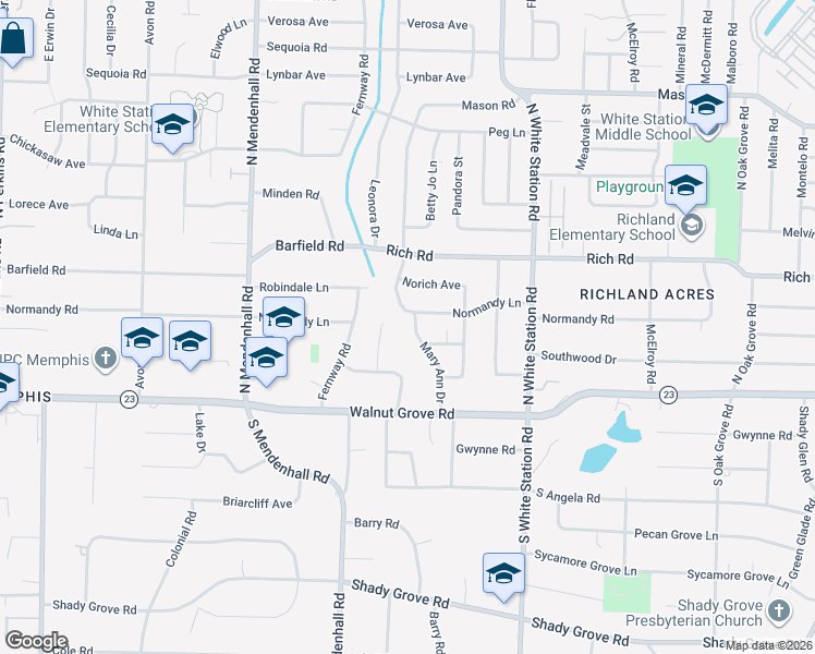 map of restaurants, bars, coffee shops, grocery stores, and more near 75 Mary Ann Drive in Memphis