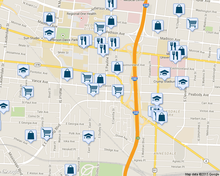 map of restaurants, bars, coffee shops, grocery stores, and more near 347 South Pauline Street in Memphis