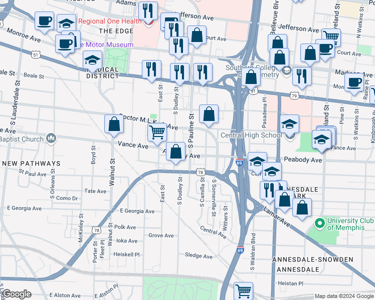 map of restaurants, bars, coffee shops, grocery stores, and more near 347 South Pauline Street in Memphis
