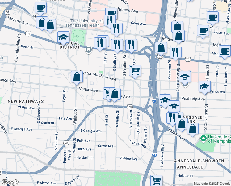 map of restaurants, bars, coffee shops, grocery stores, and more near 947 Peabody Avenue in Memphis
