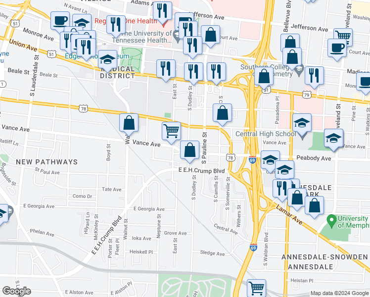 map of restaurants, bars, coffee shops, grocery stores, and more near 947 Peabody Avenue in Memphis