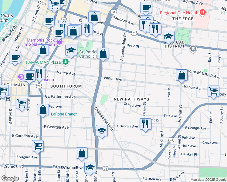 map of restaurants, bars, coffee shops, grocery stores, and more near 397 Nebo Street in Memphis