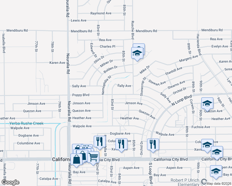 map of restaurants, bars, coffee shops, grocery stores, and more near 21130 Hacienda Boulevard in California City
