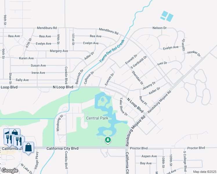 map of restaurants, bars, coffee shops, grocery stores, and more near 10341 North Loop Boulevard in California City