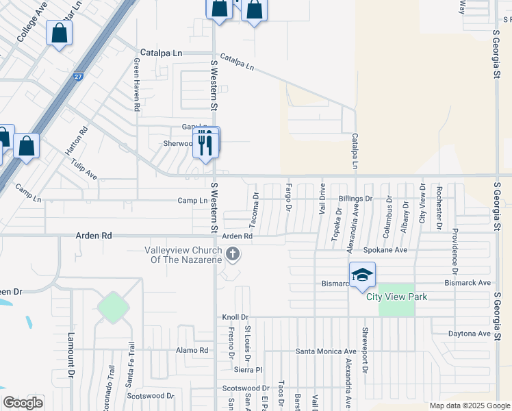map of restaurants, bars, coffee shops, grocery stores, and more near Tacoma Drive in Amarillo