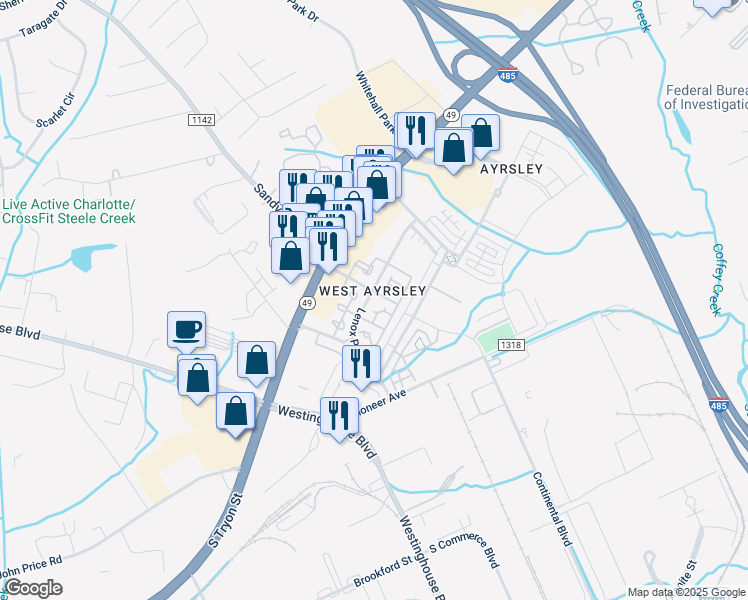 map of restaurants, bars, coffee shops, grocery stores, and more near 9005 Lenox Pointe Drive in Charlotte