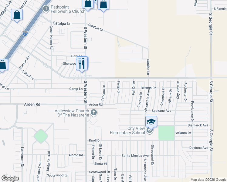 map of restaurants, bars, coffee shops, grocery stores, and more near 7407 Kodiak Avenue in Amarillo