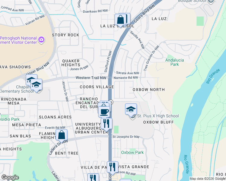 map of restaurants, bars, coffee shops, grocery stores, and more near 4400 Beresford Lane Northwest in Albuquerque