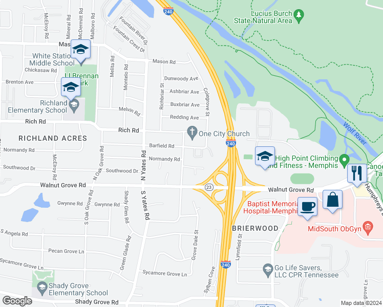 map of restaurants, bars, coffee shops, grocery stores, and more near 5725 Barfield Circle in Memphis