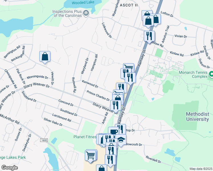 map of restaurants, bars, coffee shops, grocery stores, and more near 3075 Candlelight Drive in Fayetteville