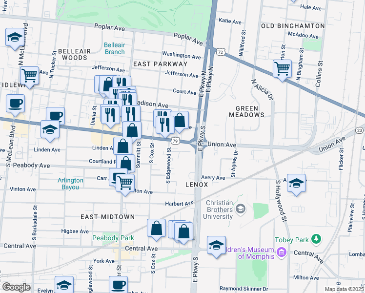 map of restaurants, bars, coffee shops, grocery stores, and more near 2312 Edgewood Park Cove in Memphis