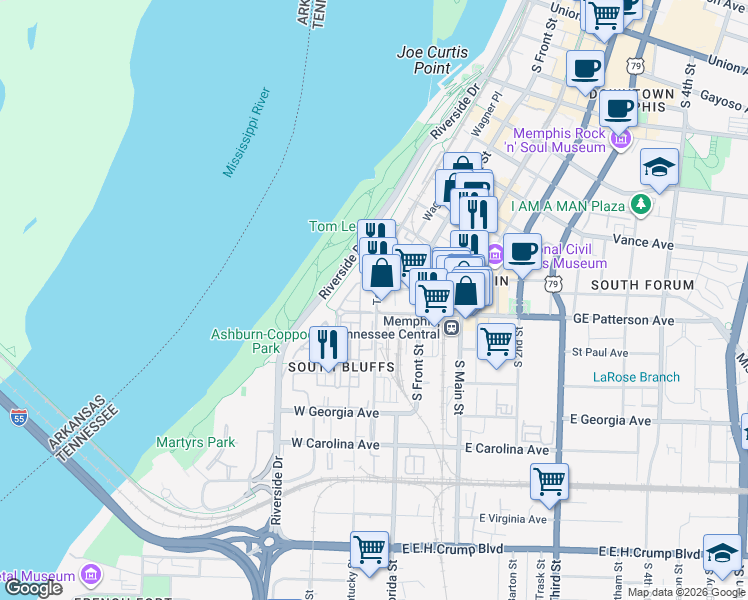 map of restaurants, bars, coffee shops, grocery stores, and more near 505 Tennessee Street in Memphis