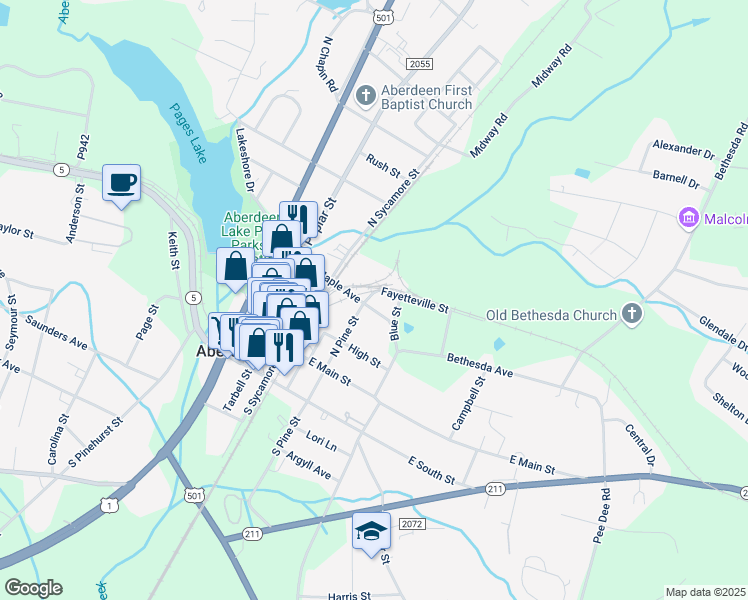 map of restaurants, bars, coffee shops, grocery stores, and more near 302 Fayetteville Street in Aberdeen